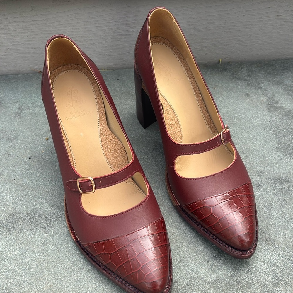 The office of Angela Scott Miss Eliza Block Heel Pump in Deep Burgundy